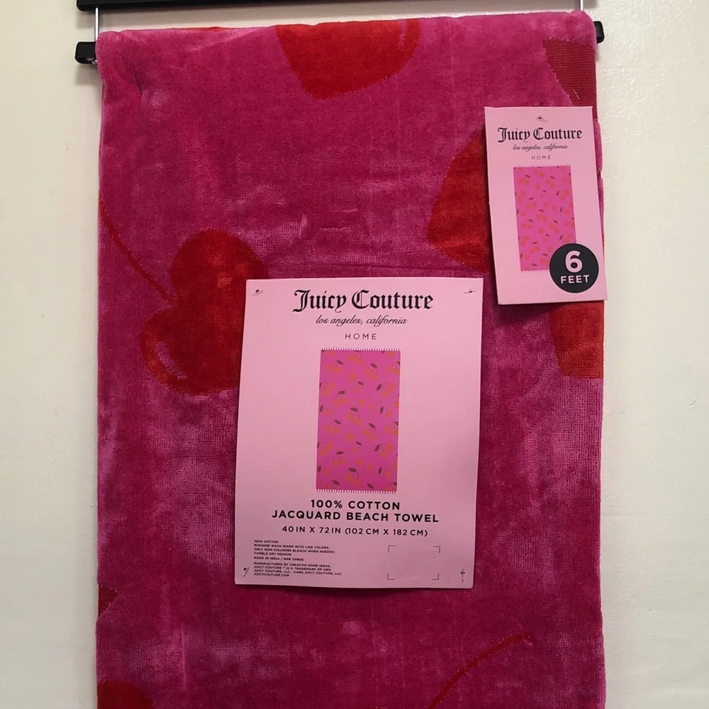 NWT Juicy Couture Jacquard Pink Beach Towel with Red Cherry Motif
